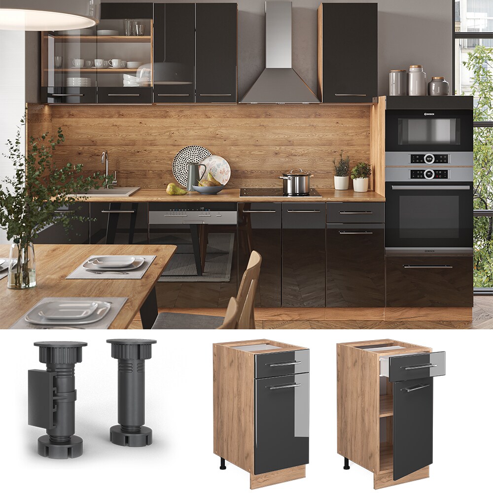 Vicco Schubunterschrank Küchenschrank Küchenmöbel Fame-Line Eiche Anthrazit modern 40 cm Küche Einbauküche Drehtür Schublade Einlegeboden Blende Küchenzeile Hochglanz