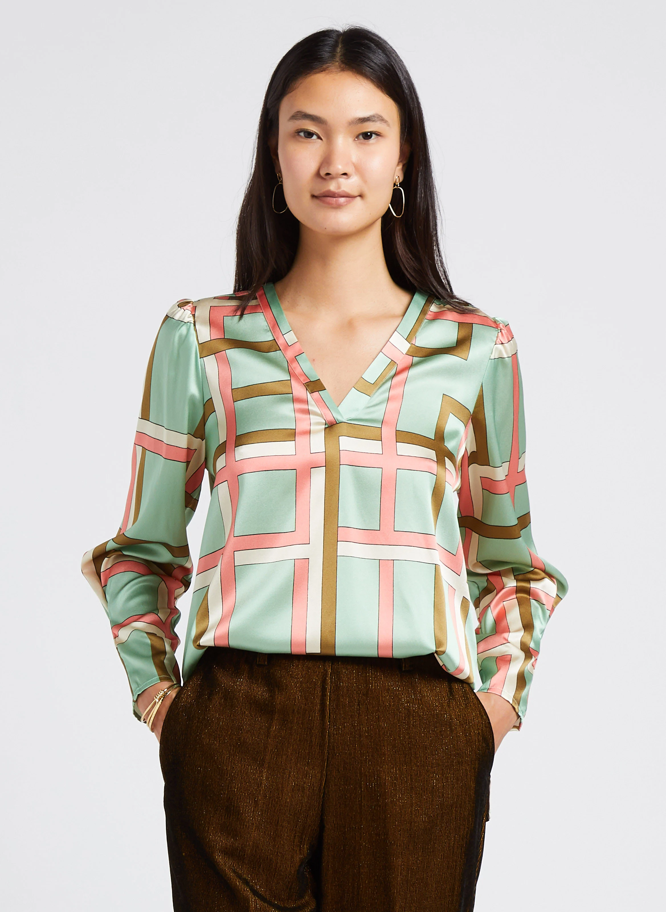 MORGAN - Blouse col V en soie ample | Vert