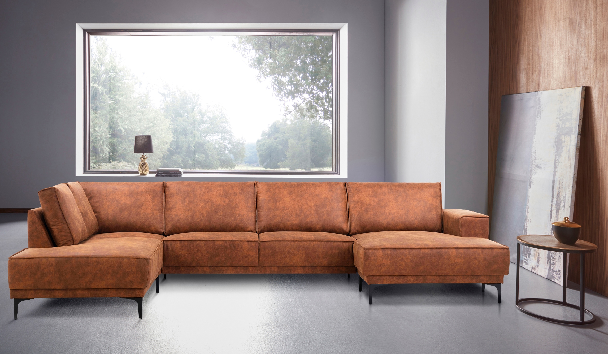 GOODproduct Wohnlandschaft »XXL Sofa Oland, Struktur, Flachgewebe, Luxus-Microfaser, Boucle« U-Form, 345 cm, Wellenunterfederung, Skandi-Design, Metallfüsse