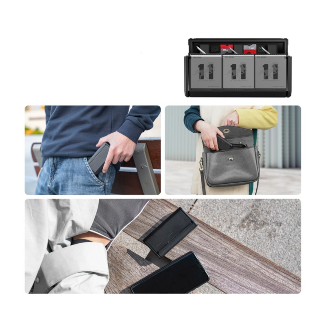 GoPro Hero 12 Black / 11 Black / 10 Black / 9 Black 3-fach USB C Akku Box Ladegerät mit Micro SD Kartenfach - Schwarz
