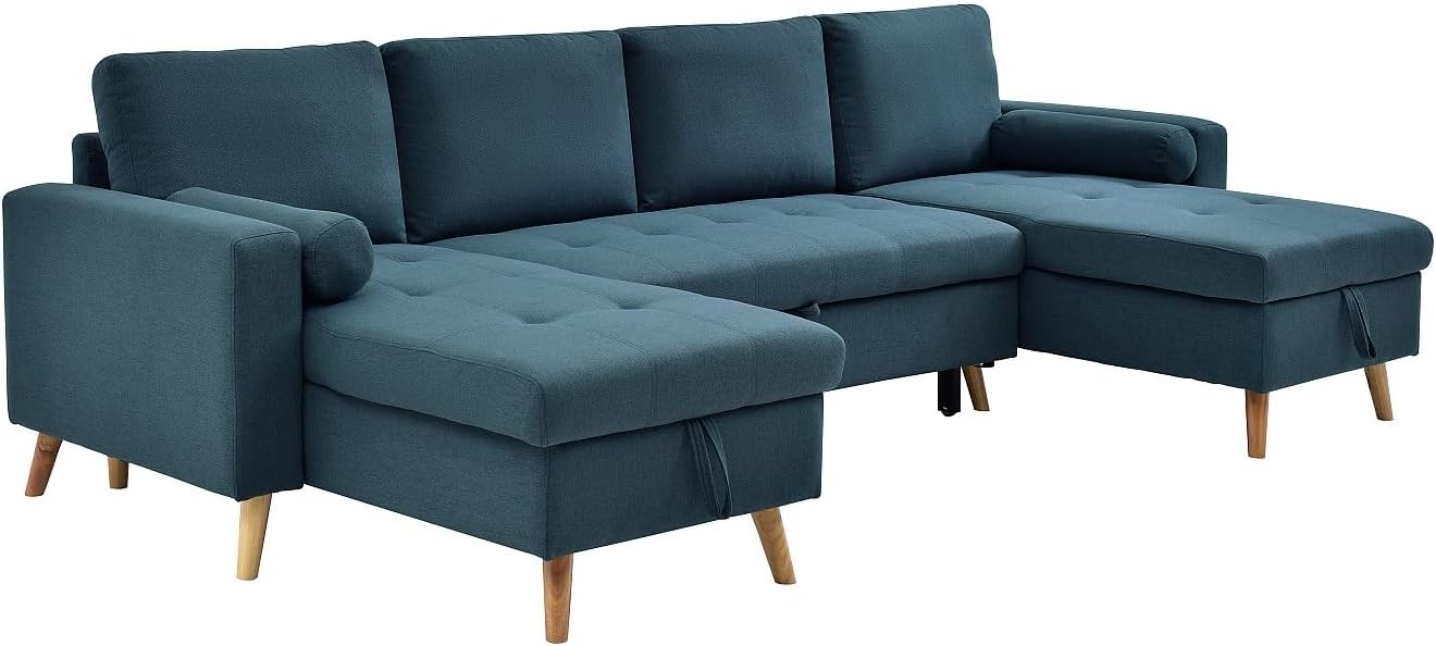 Vente-unique-Panorama-Ecksofa mit Schlaffunktion – Stoff – Türkisblau – KORI