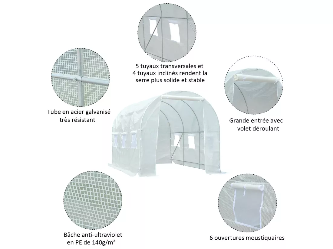 Serre de jardin tunnel surface sol 7 m² 3,5L x 2l x 2H m châssis tubulaire renforcé 18 mm 6 fenêtres blanc
