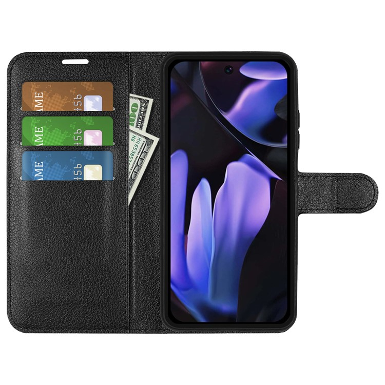 Google Pixel 9a Leder Tasche Flip Cover Litchi Look - Schwarz