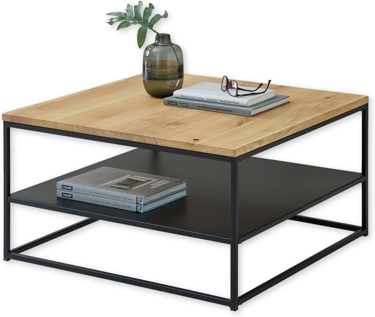 Tilda Couchtisch Massivholz Eiche - Moderner Sofatisch mit Ablageboden und Metallgestell - 75 x 40 x 75 cm (B/H/T)