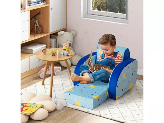 Canapé Convertible pour Enfants de 0-4Ans, Canapé-Lit Rembourré pour Enfants avec Siège Rembourré en Éponge, Tissu en Velours et Motif pour Lecture, Jeu et Repos (Avion)