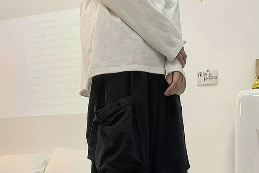 emeisa - Mid Rise Plain Cropped Wide Leg Cargo Pants
