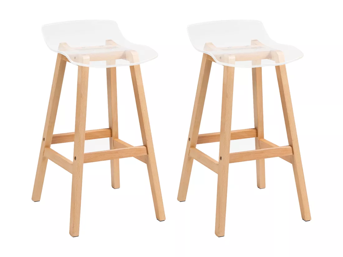 Lot de 2 tabourets de bar design contemporain bois de hêtre assise acrylique transparent