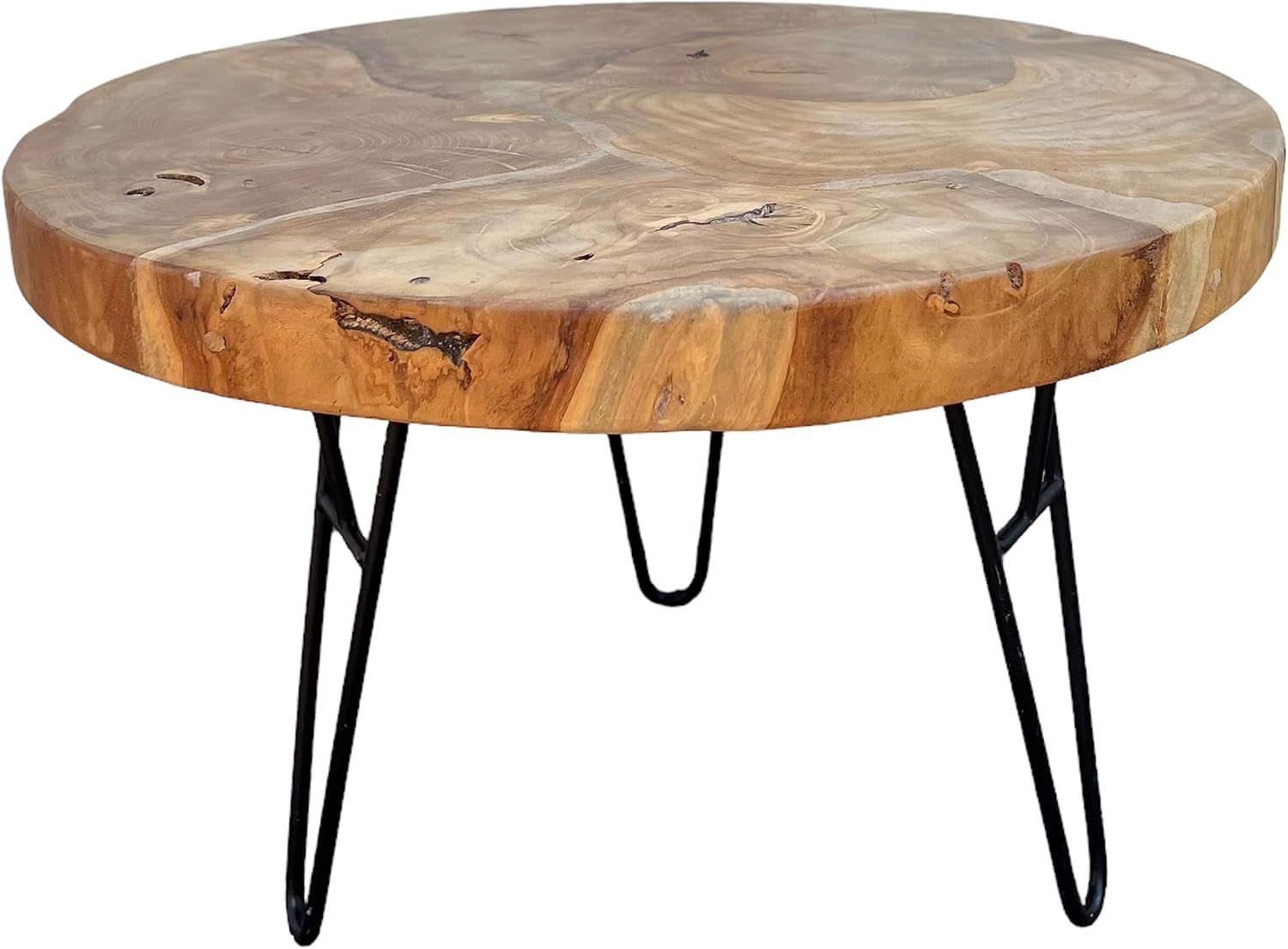 Holz Couchtisch – Beistelltisch Kaffeetisch – Mit DREI Metallbeinen – Rund aus Teakholz – 60x60x43 cm