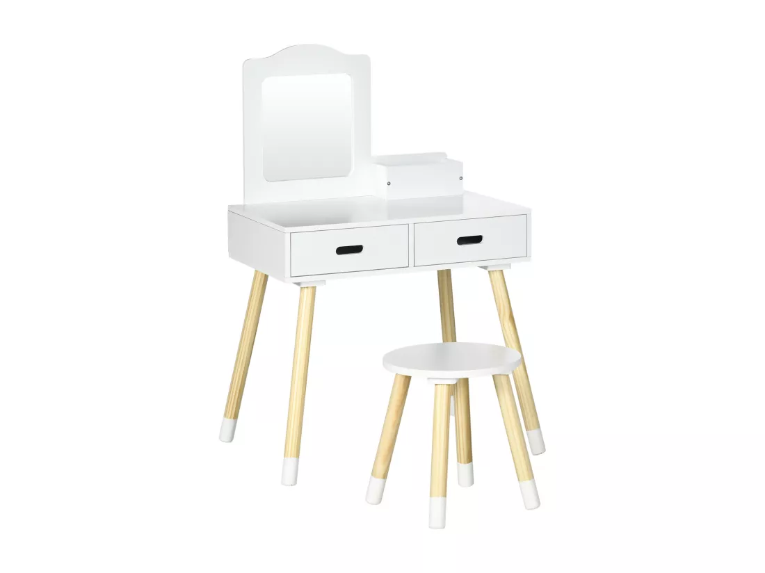 Coiffeuse enfant design scandinave - tabouret inclus - 2 tiroirs, niche, miroir - bois pin MDF blanc