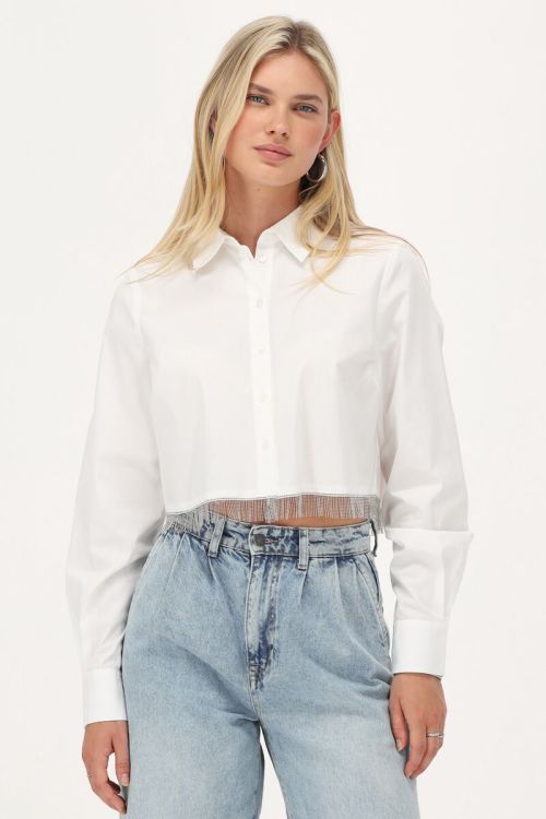 Witte cropped blouse met glitter franjes