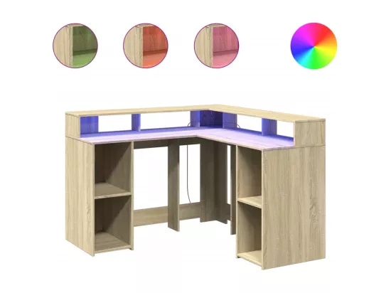 Bureau avec lumières LED chêne sonoma bois d'ingénierie