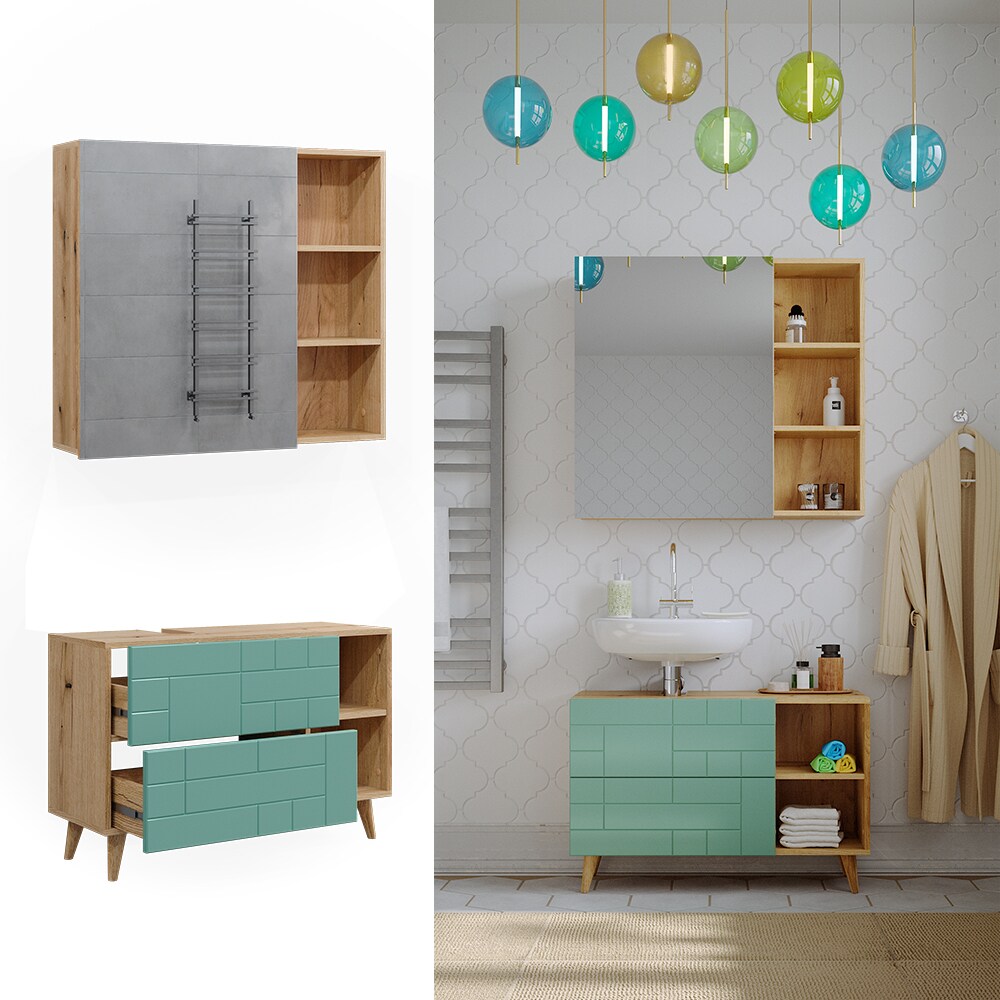 Vicco Badmöbel-Set Rudi in Eiche Evoke Mintgrün, Badezimmer, moderne Badserie Waschbeckenunterschrank Spiegelschrank
