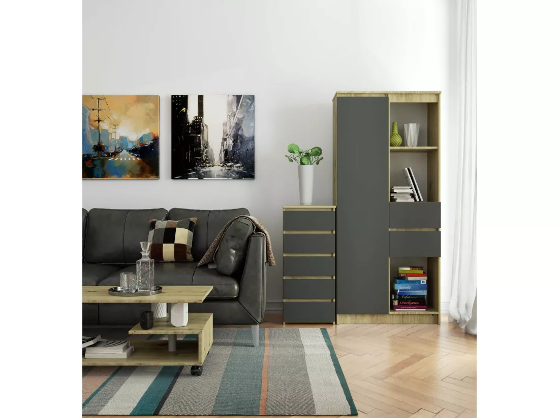Commode AKORD CL5 Chêne Artisan 40 cm 5 tiroirs façade Gris Graphite 40x35x92 cm