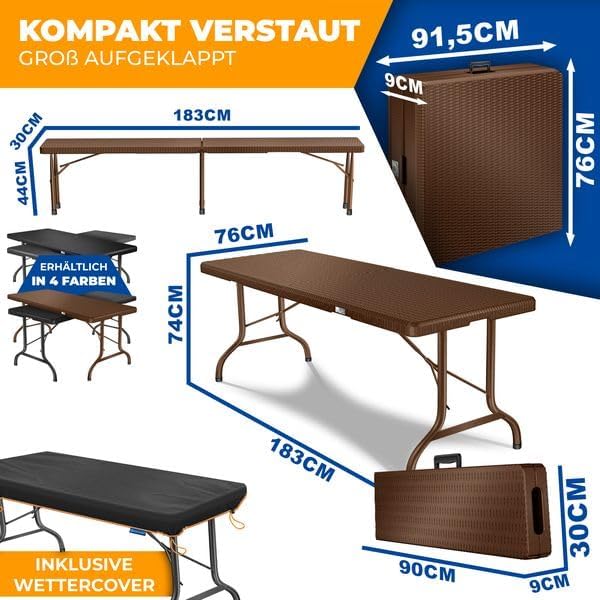 KESSER® Bierzeltgarnitur 3-teilig Set Tisch & 2x Bank | Buffettisch für drinnen & draußen Gartengarnitur klappbar 183x76x74cm Kunststoff Klapptisch Rattan-Look Gartentisch Inkl Abdeckung & Tragegriffe
