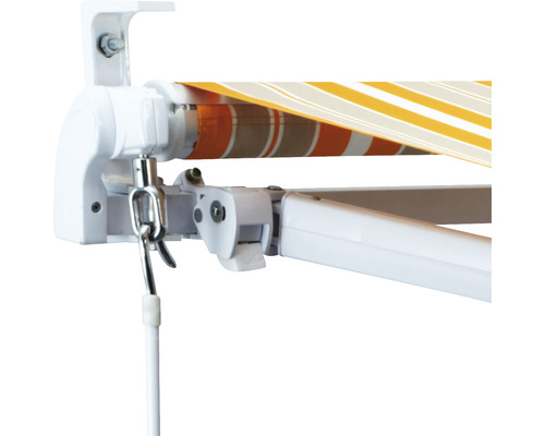 Knikarmscherm 5x3, gestreept doek oranje/grijs/wit, frame RAL 9003 signaalwit