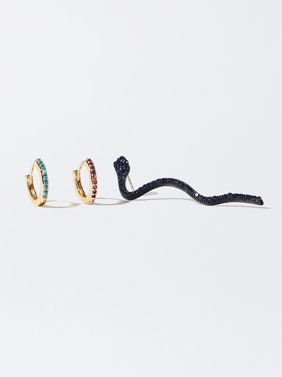 Conjunto de brincos de argola com zircônias - Multicor