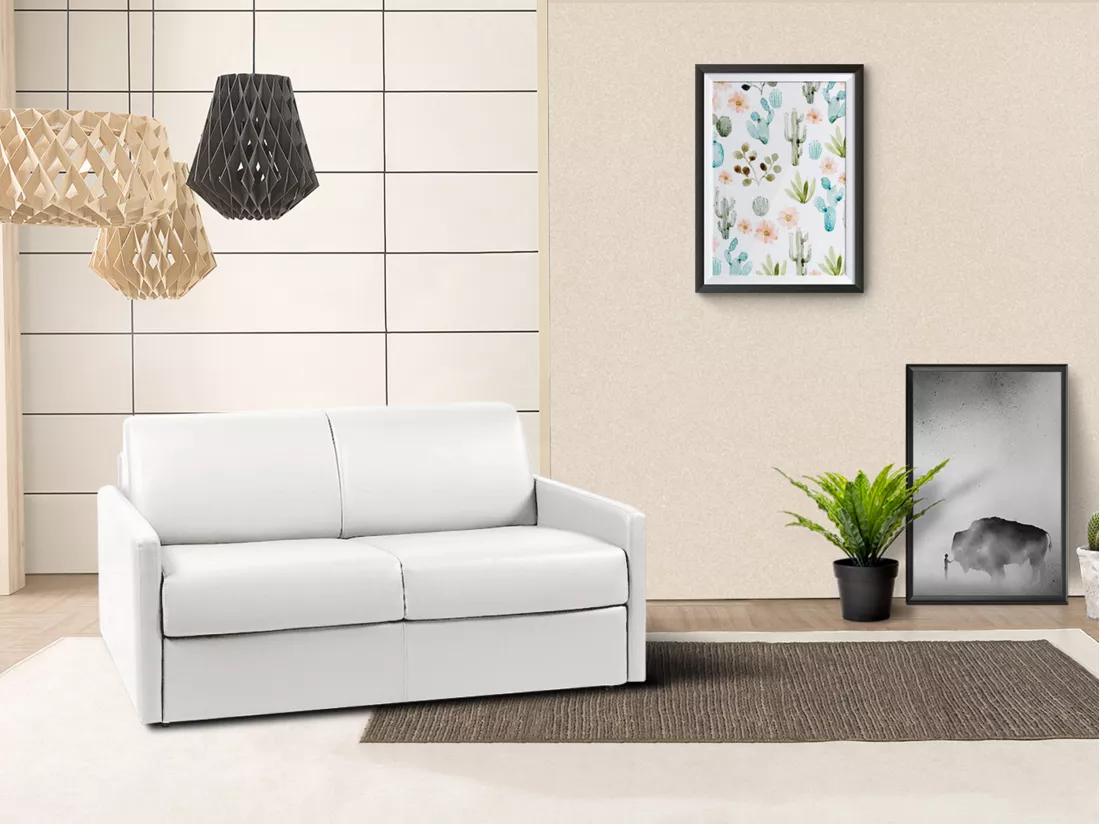 Canapé 2 places convertible express en simili blanc - Couchage 120 cm - Matelas 22 cm CALIFE
