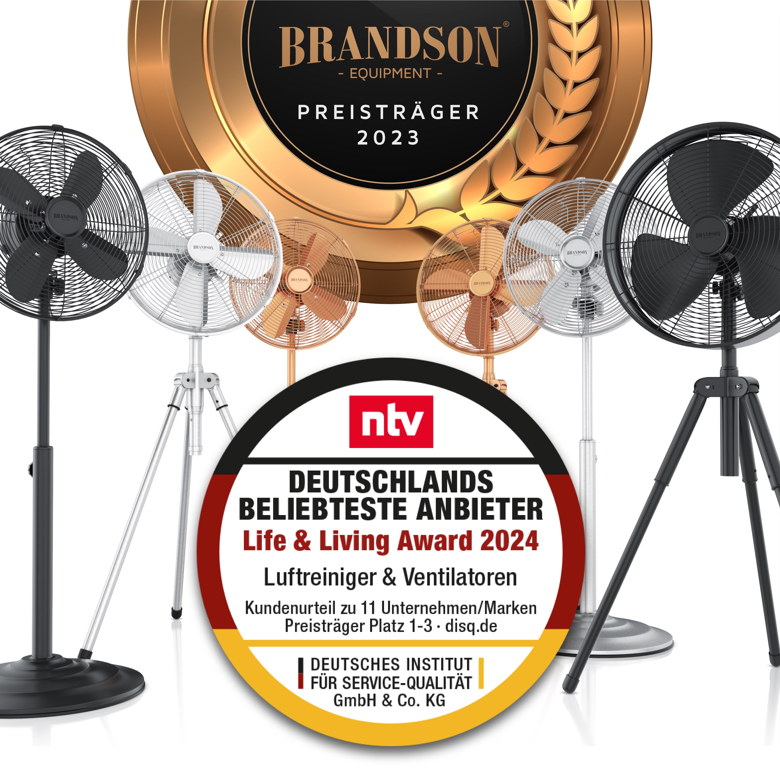 Brandson Standventilator 45 cm mit 3 Geschwindigkeiten, Ventilator mit Dreibein-Stativ, 60 Watt, oszillierend, Silber/Edelstahl