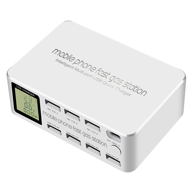 (100W) 1x USB C / 7x USB A Ladegerät Universal Ladestation mit LCD Anzeige Power Delivery Quick Charge 3.0 - Weiss