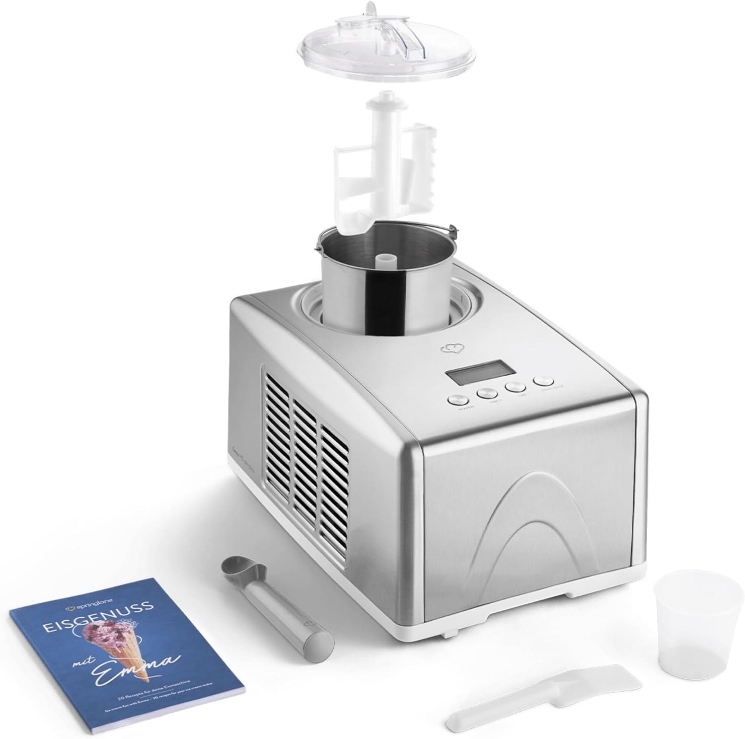 SPRINGLANE Eismaschine Emma 1,5 L mit selbstkühlendem Kompressor 150 W, aus Edelstahl mit entnehmbarem Eisbehälter, inkl. Rezeptheft (Silber, Eismaschine)