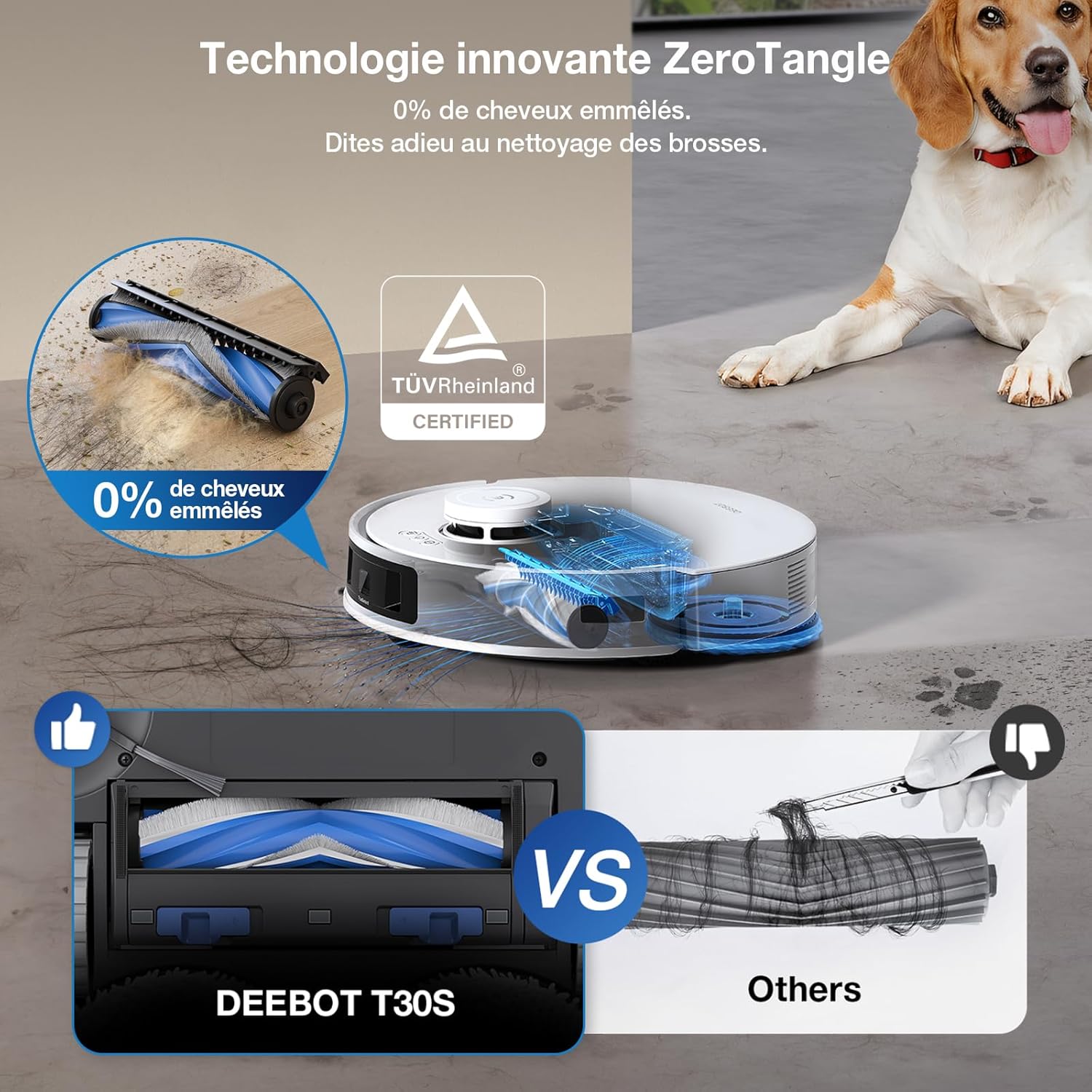 ECOVACS DEEBOT T30S Aspirateur Robot avec Station, Robot Aspirateur Laveur avec Brosse ZeroTangle, 11000 Pa, Nettoyage Humide adaptatif TruEdge™, Nettoyage des serpillières à l'eau Chaude 70°C