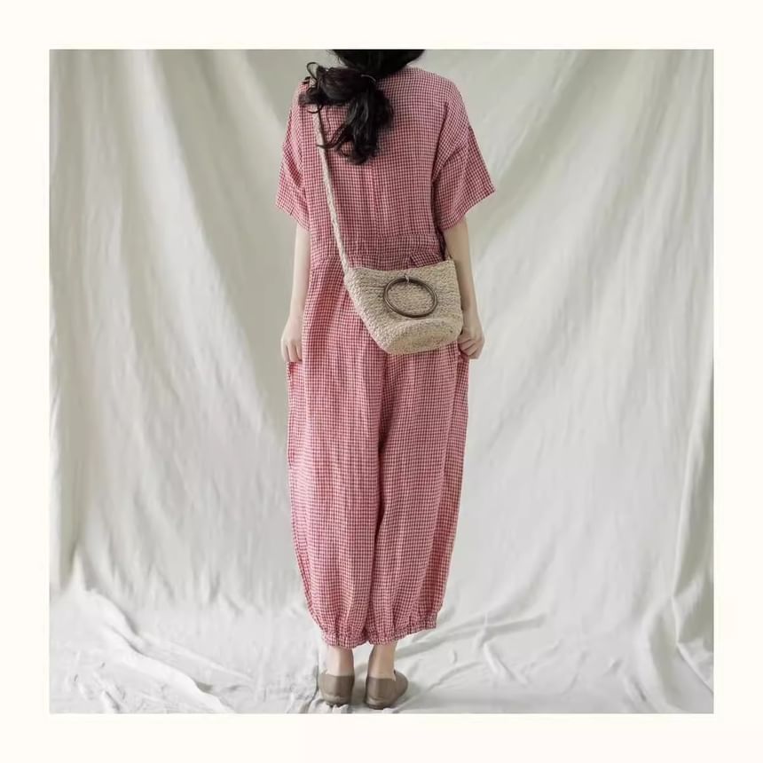 ZIMO - Harem-jumpsuit met korte mouwen en ruitmotief