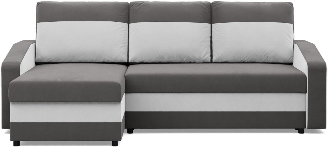 Mebligo - Ecksofa mit Schlaffunktion, Universelle Seite, Grau + Weiß (Mikro 27 + Mikro 31)