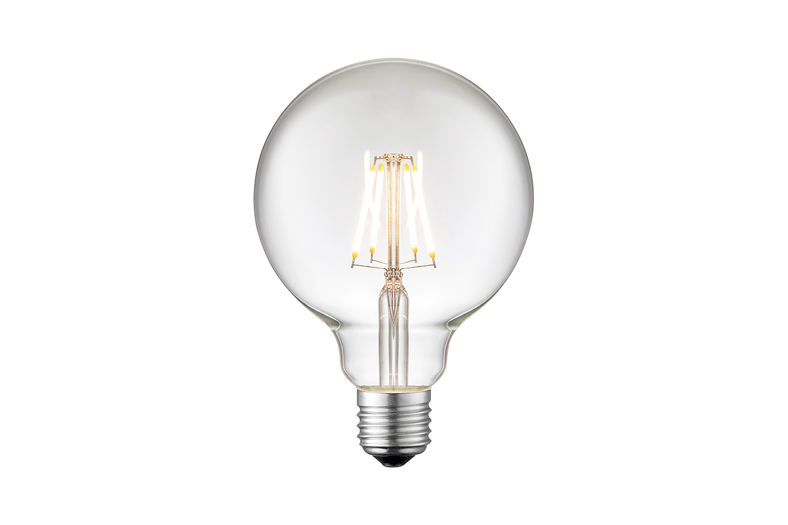 Globe LED-dekorpære E27 Klart glass med E27-sokkel og rette lystråder med varmhvitt lys. Dimbar. 360lm.\n