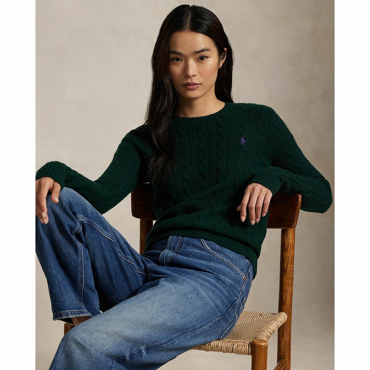 POLO RALPH LAUREN<br>Suéter de gola redonda, tricô trançado em lã e cashmere