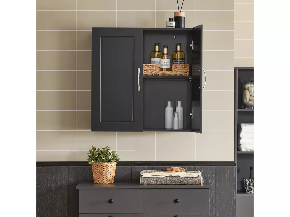 Meuble Haut Armoire de Toilettes Salle de Bain Suspendue 2 Portes Noir, FRG231-SCH