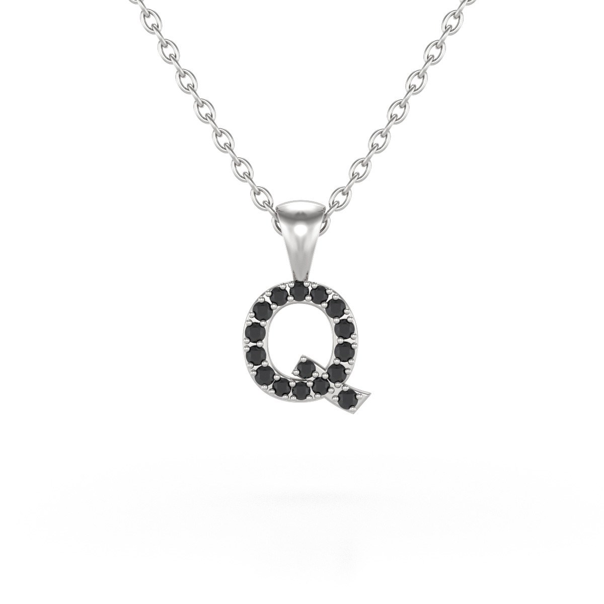 Collier Pendentif ADEN Lettre Q Or 750 Blanc Diamant Noir Chaine Or 750 incluse 0.72grs