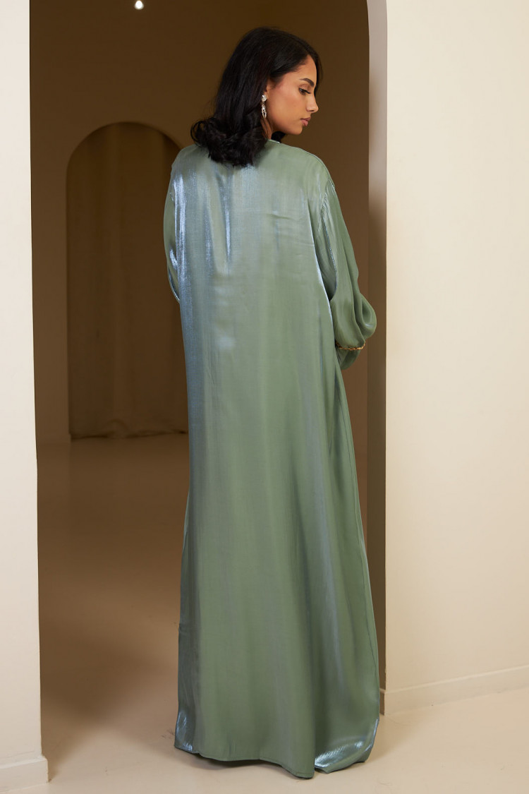 Ensemble 2 pièces abaya + gilet + voile satinée et pailletée vert