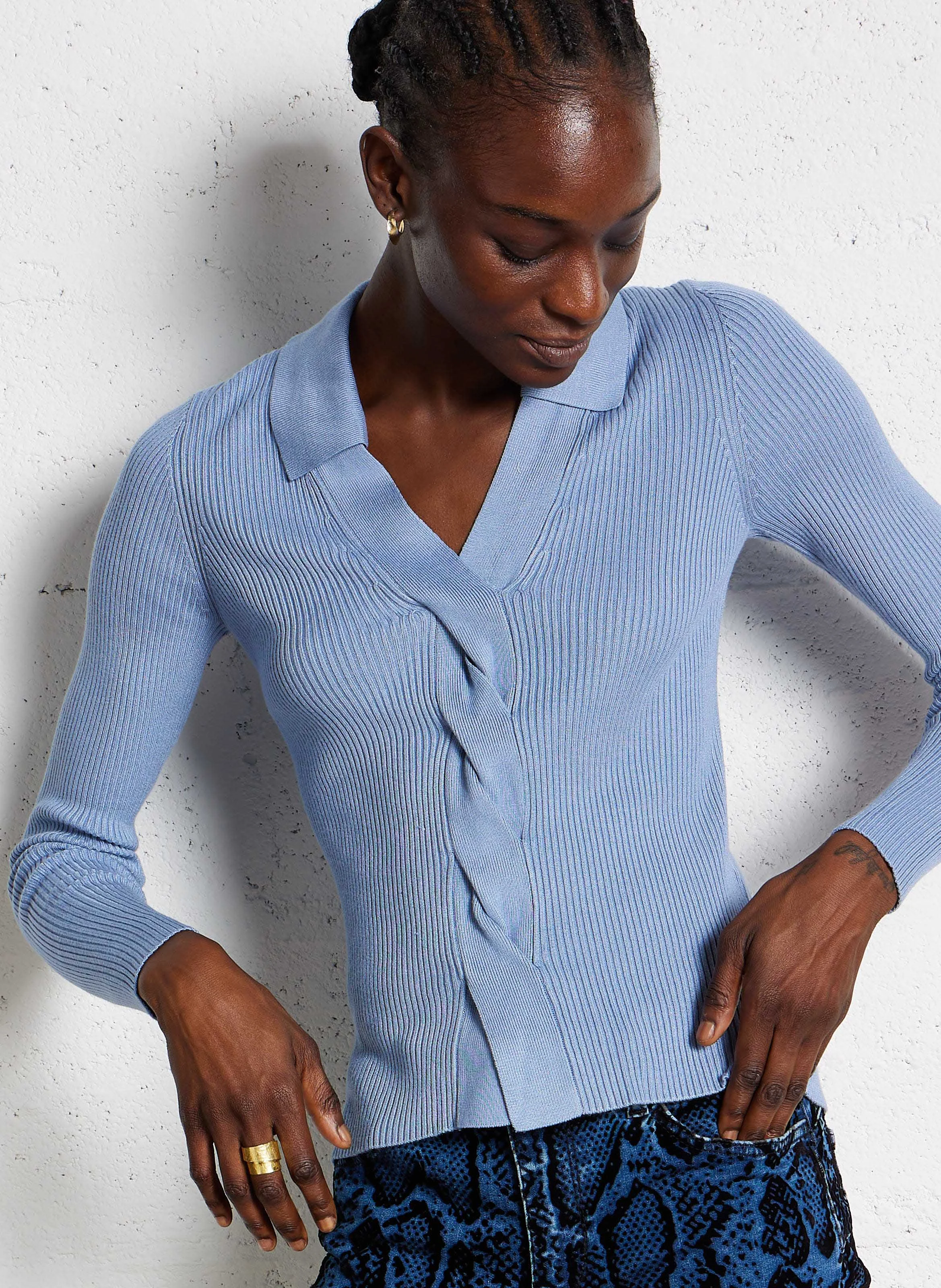 Pull col classique côtelé | Bleu