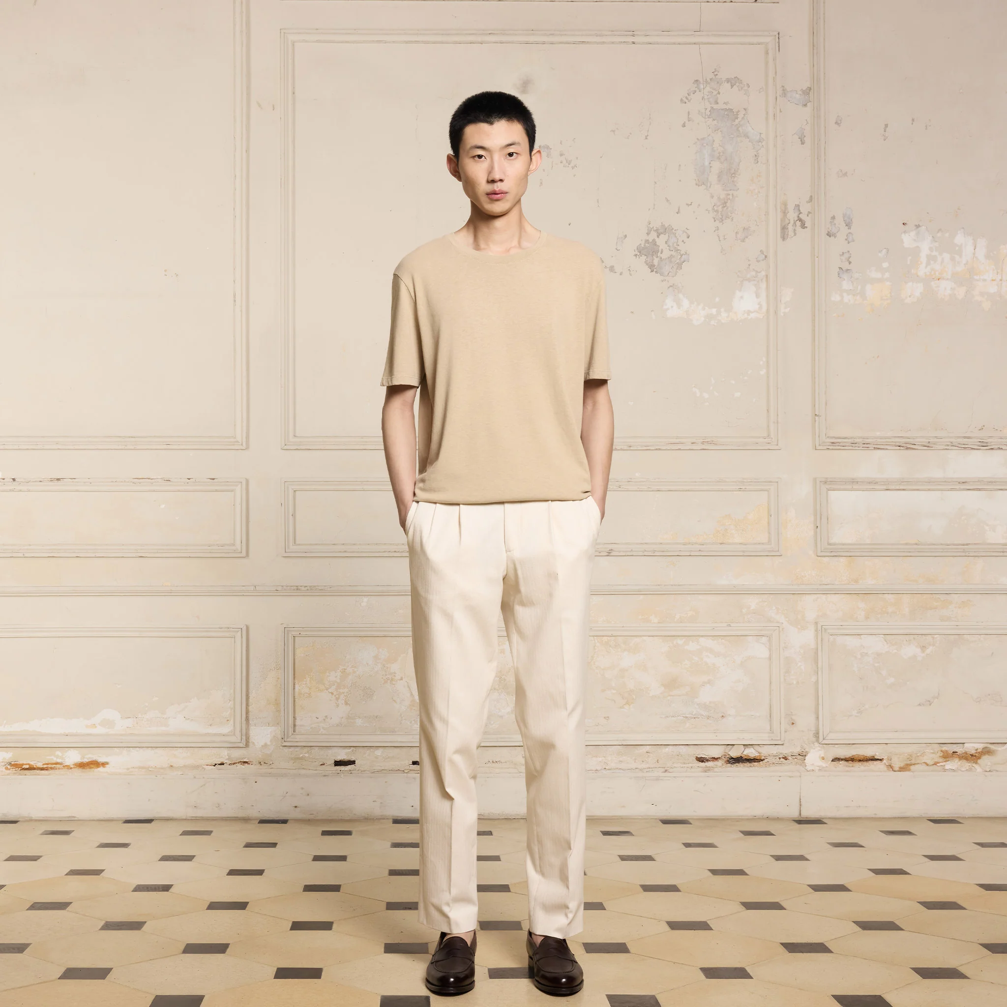 Beige cotton and linen T-shirt