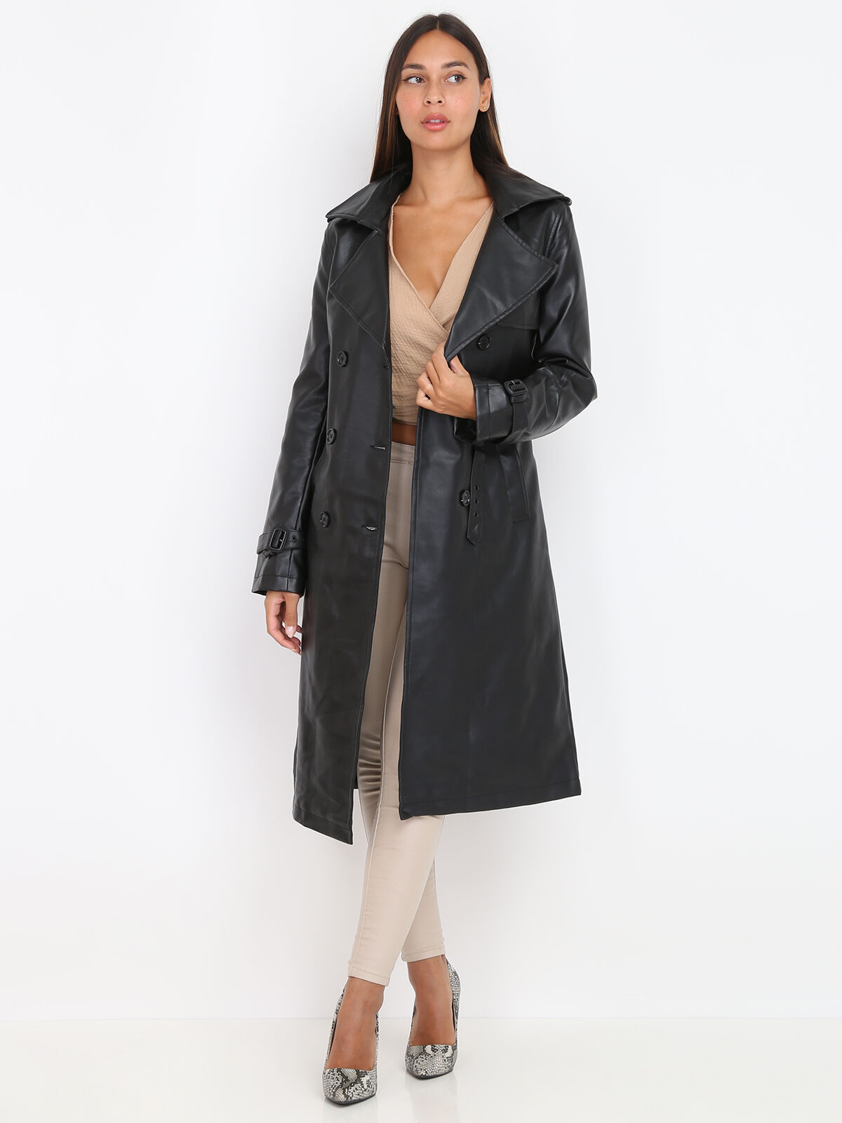 Trench en simili avec ceinture- Noir