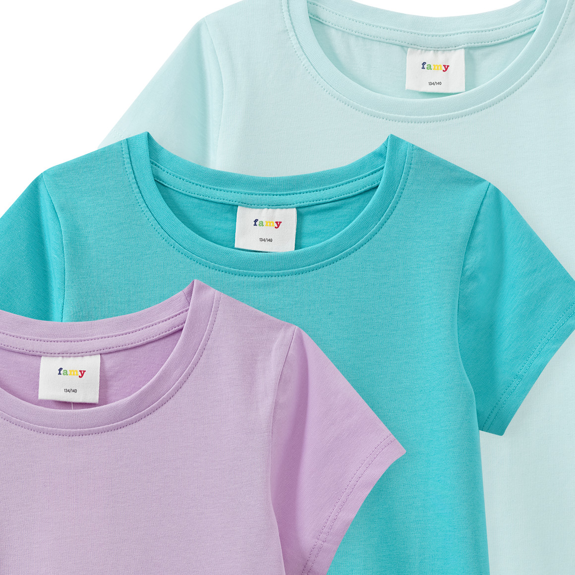 Famy 3 Mädchen T-Shirts im Basic-Look helllila / türkis / helltürkis
