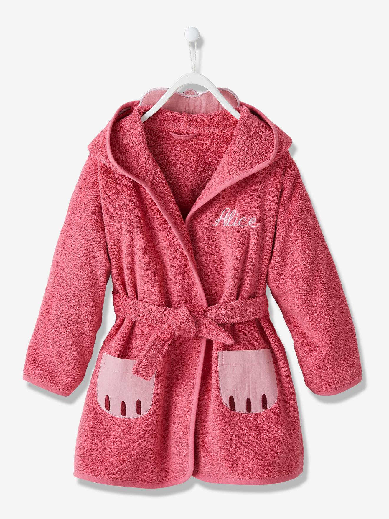 Roupão infantil liso rosa escuro com estampa de gato.