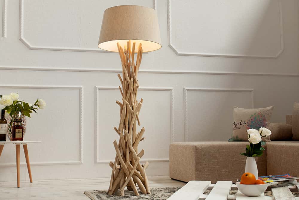 Handgefertigte Treibholz Stehlampe WILD NATURE 155cm sand mit Leinenschirm