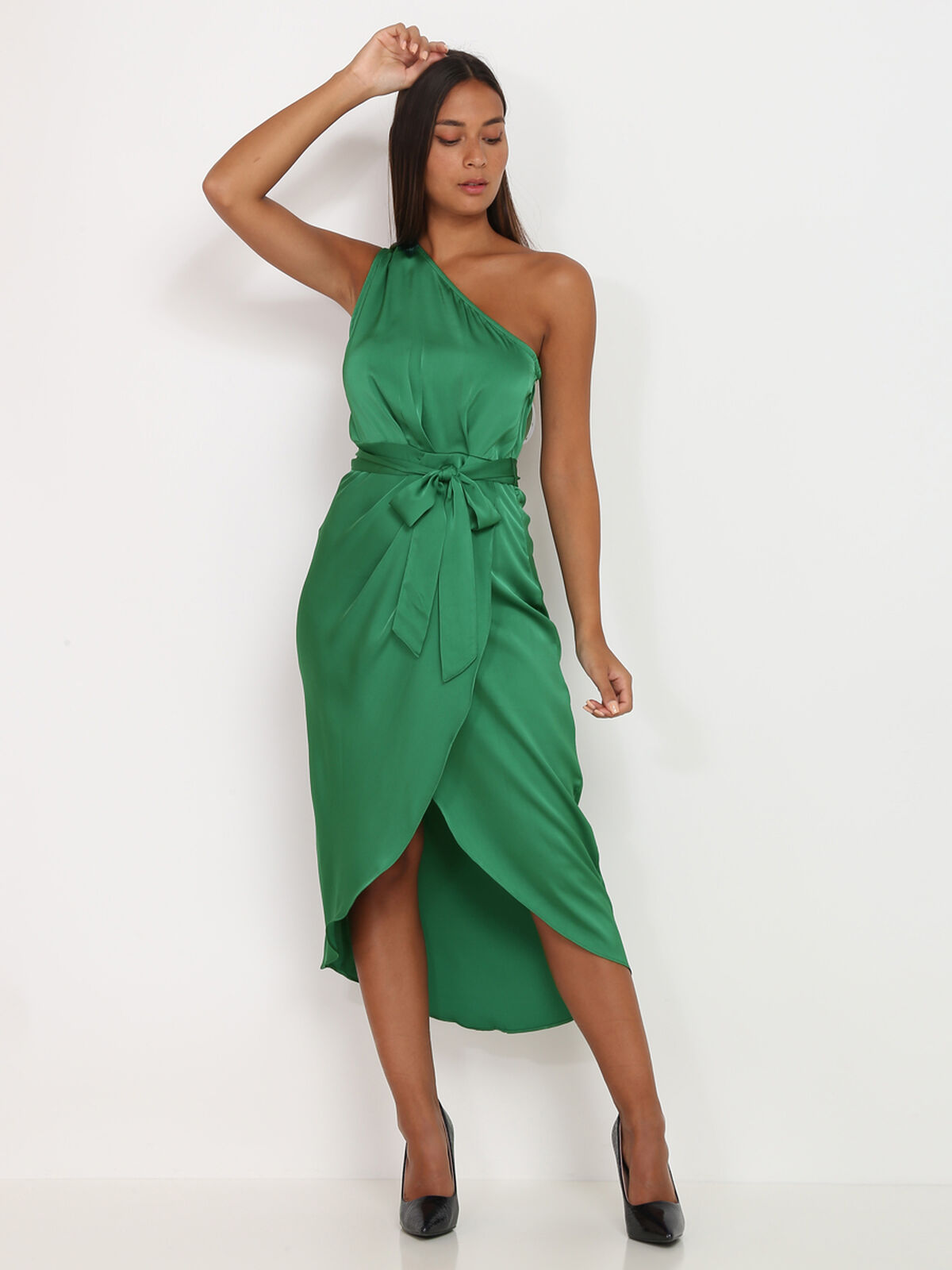 Robe asymétrique satinée- Vert