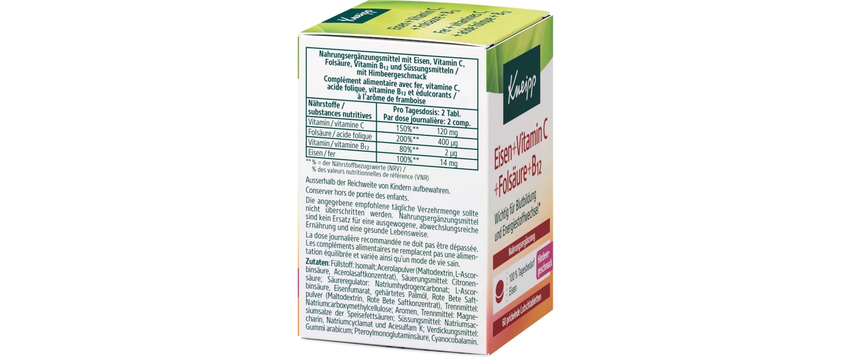 Tablette Eisen + Vitamin C, Folsäure und B12 60 StückVegane Nahrungsergänzung mit Eisen und Vitamin C