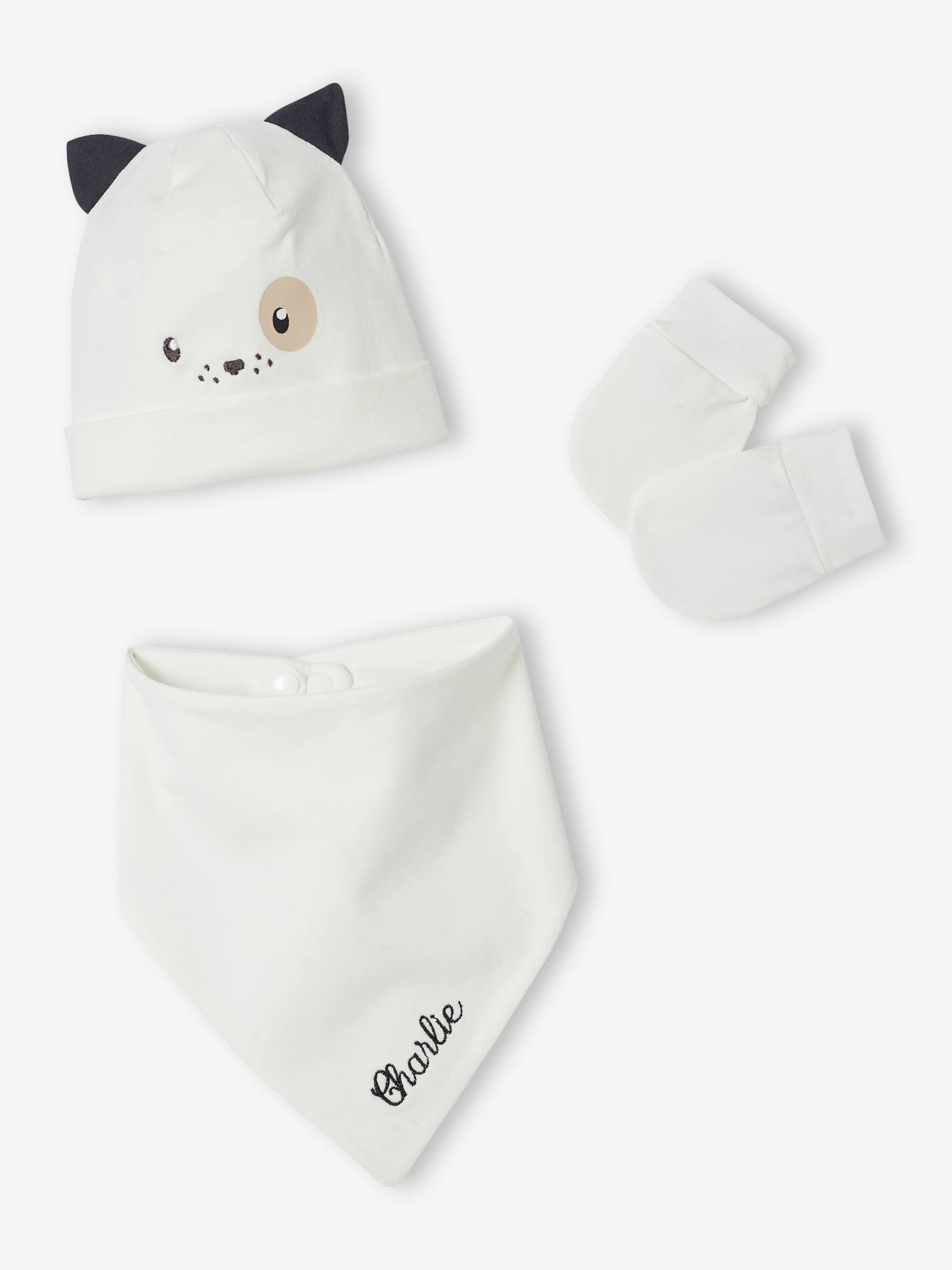 Conjunto personalizável de gorro, luvas e cachecol de tricô com estampa de cachorro para bebê branco