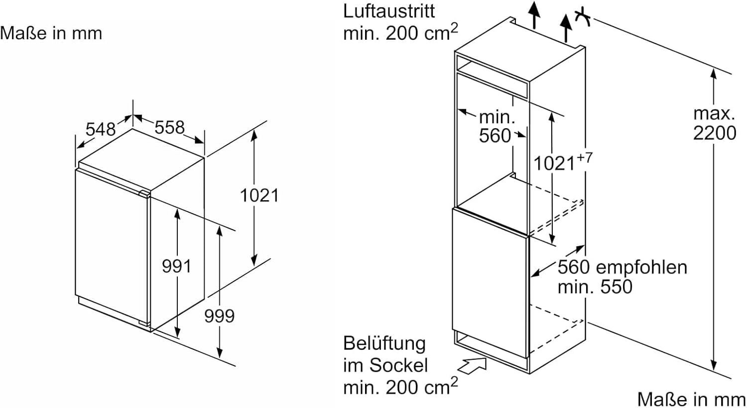 Bosch KIL32ADD1 Serie 6 Einbau-Kühlschrank mit Gefrierfach, 102,5 x 56 cm Nische, 132 L Kühlen & 15L Gefrieren, VitaFresh XXL, Hochstabile Türeinsätze, Eco Airflow, LED-Beleuchtung