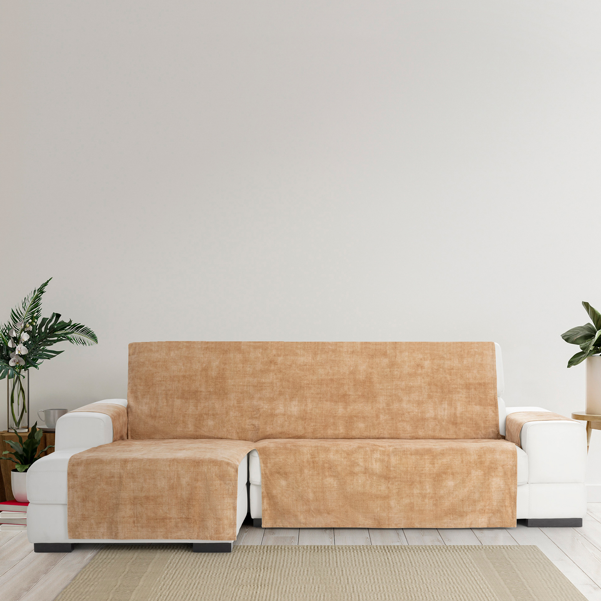 Capa protetora antimanchas para sofá com acabamento aveludado na cor ocre, para chaise longue à esquerda, 240 cm (250-300 cm).