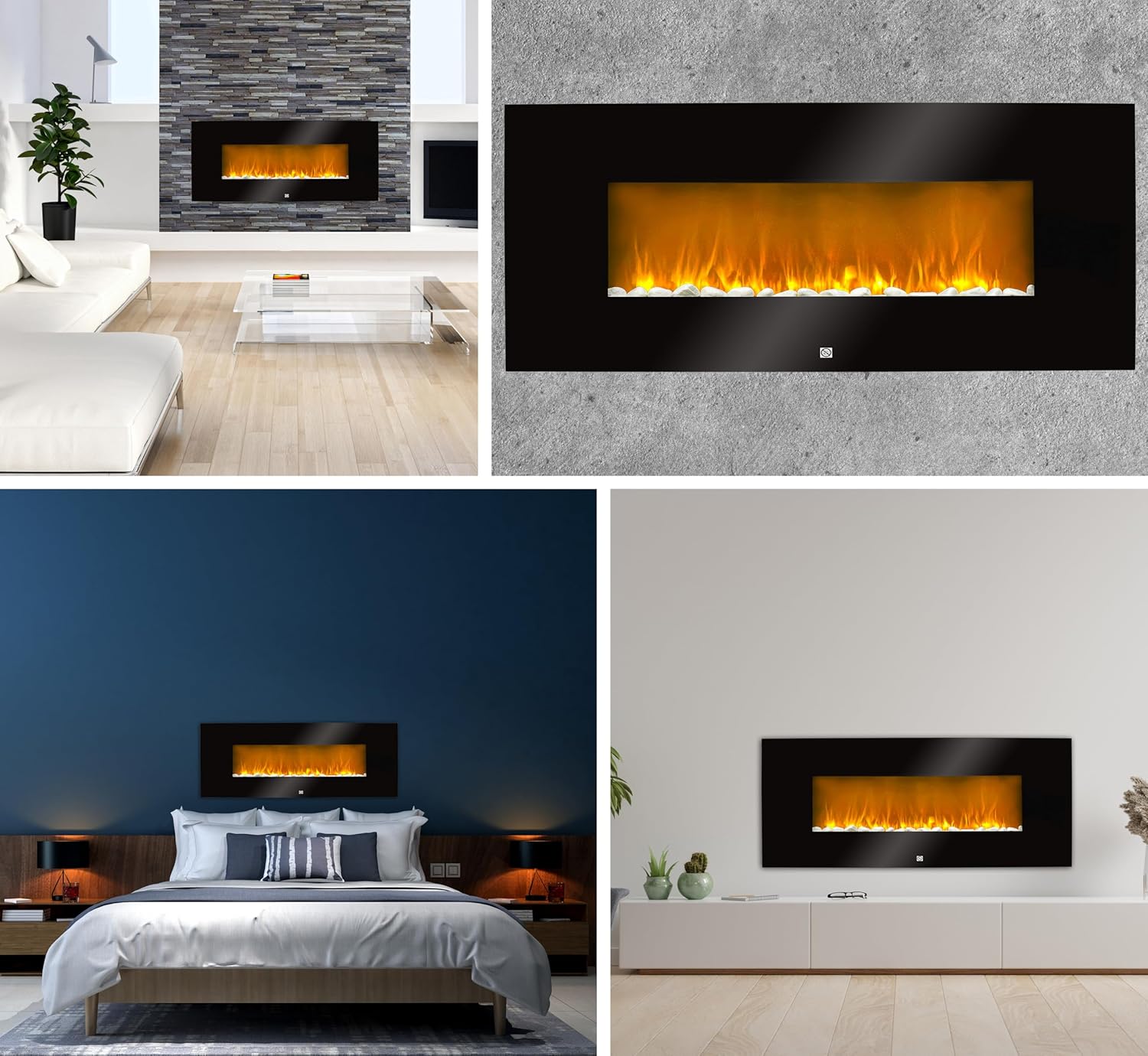 Elektrokamin Wandmontage 94cm – Elektrischer Kamin mit LED Flammeneffekt & Heizfunktion 2000W – Wandkamin mit Thermostat Timer & Fernbedienung – Design Kaminofen ohne Schornstein, Schwarz