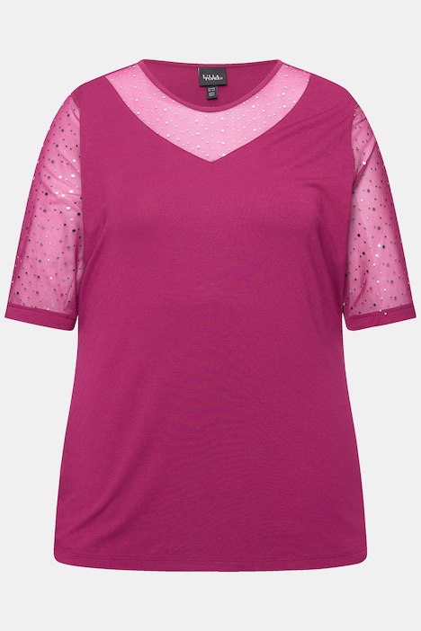 T-Shirt, Classic Fit, Mesh mit Pailletten, Jersey-Unterlage