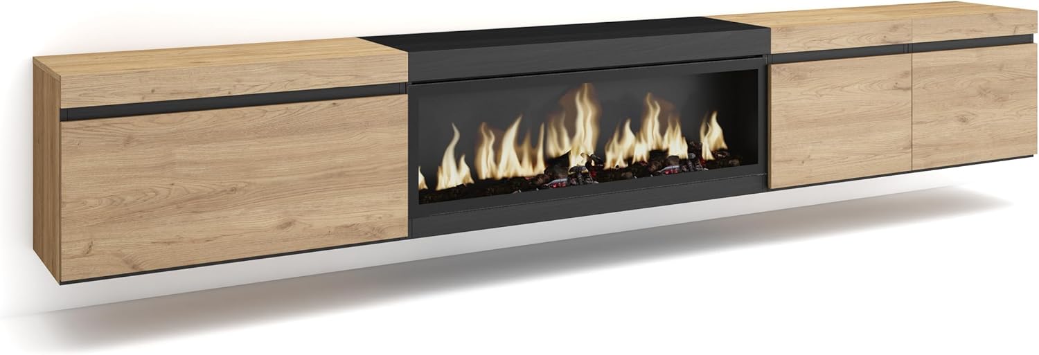Skraut Home | TV-Schrank, Lowboard | für Wohnzimmer und Esszimmer | 288x45x35 cm | Für großformatiges TV | Elektrokamin XXL | Hängend | Moderner Stil | Eiche Schwarz