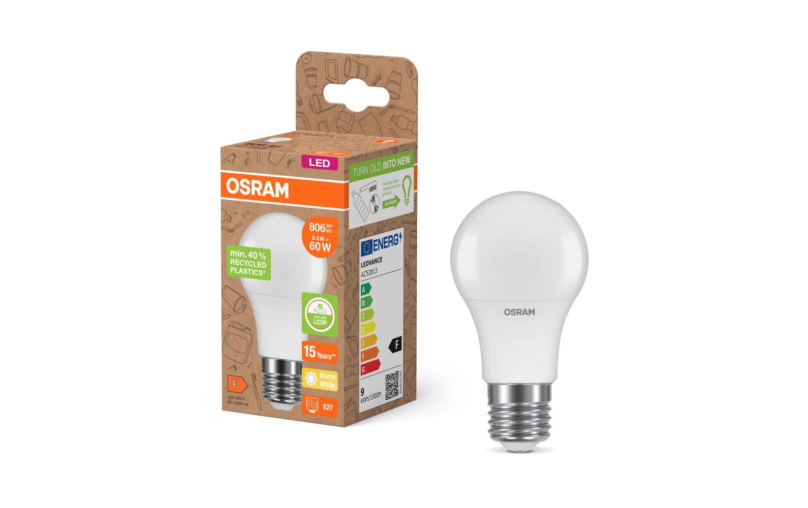 LED PCR LAMPS WITH CLASSIC A 8.5W, E27, WarmweissLED Lampen, klassische A Kolbenform aus recyceltem Plastik