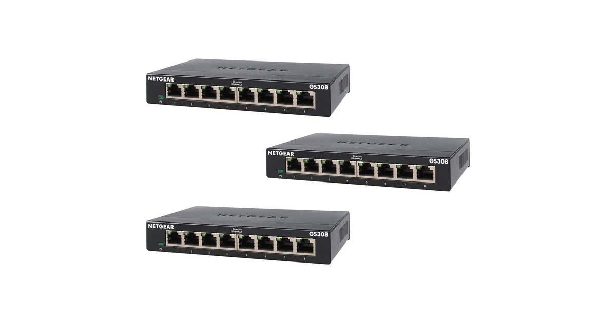 NetgearGS308-300PES, 3 pack switch  (Zwart)