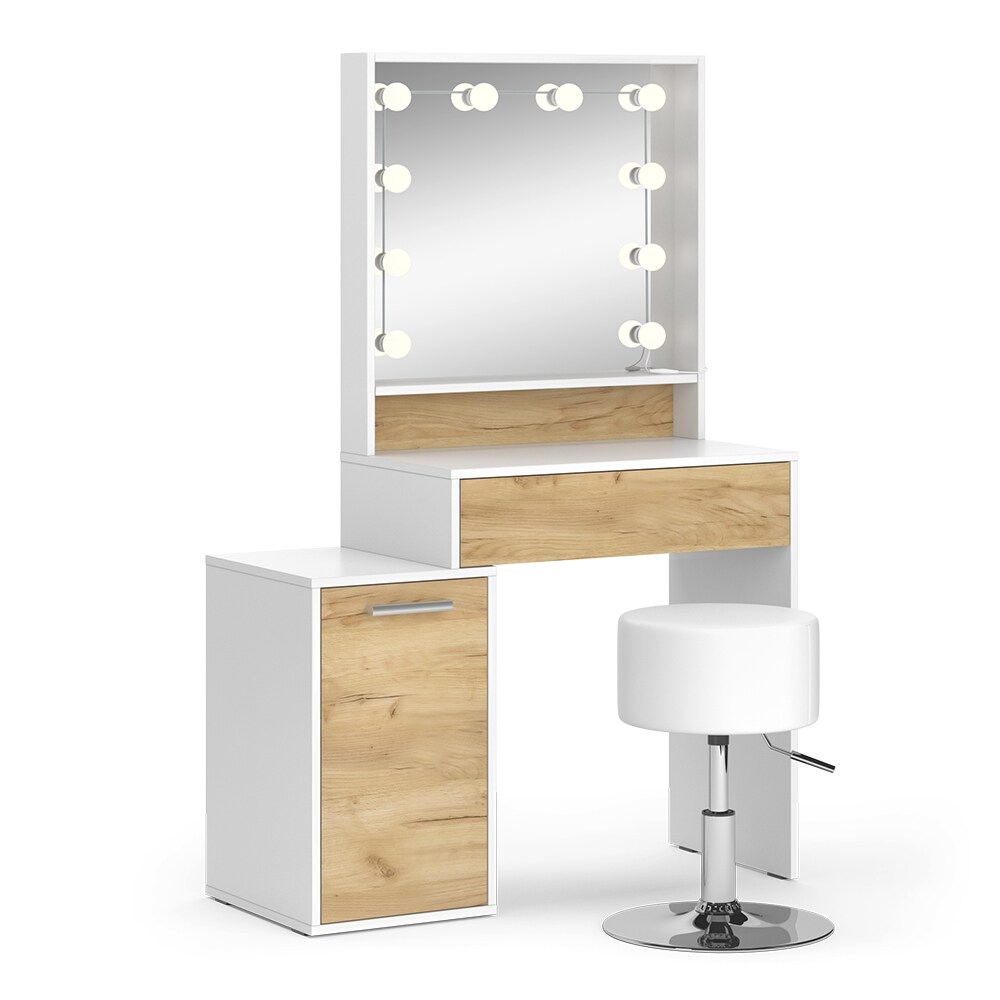Vicco Schminktisch Altea 95 x 145 cm Weiß Eiche Frisiertisch Spiegel Hocker LED