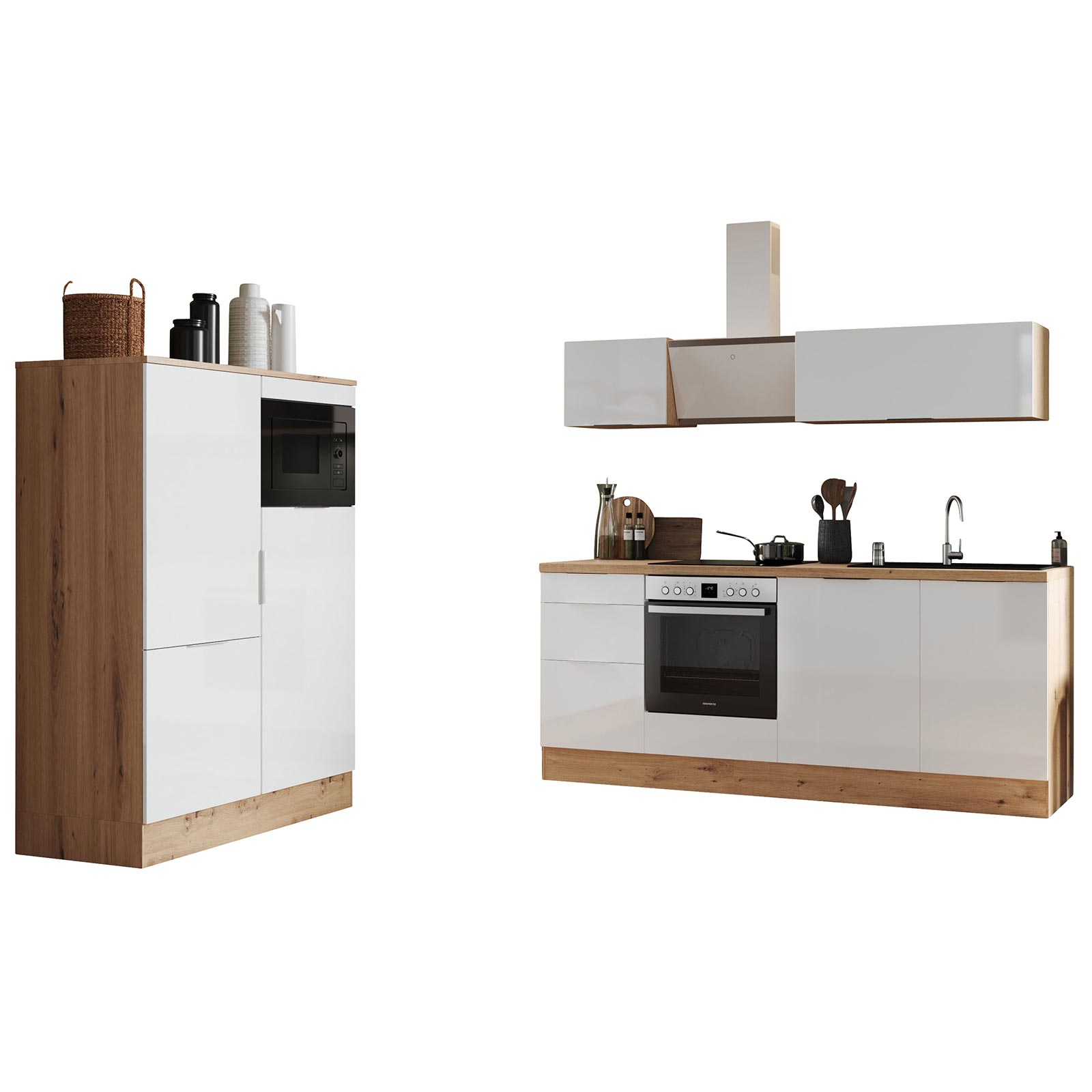 RESPEKTA Küchenblock - weiß Hochglanz - Artisan Eiche - mit E-Geräten - 340 cm